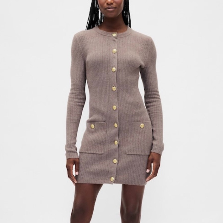 Gap Cash Soft Ribbed Pocket Mini Sweater Dress Toasted Almond Brown